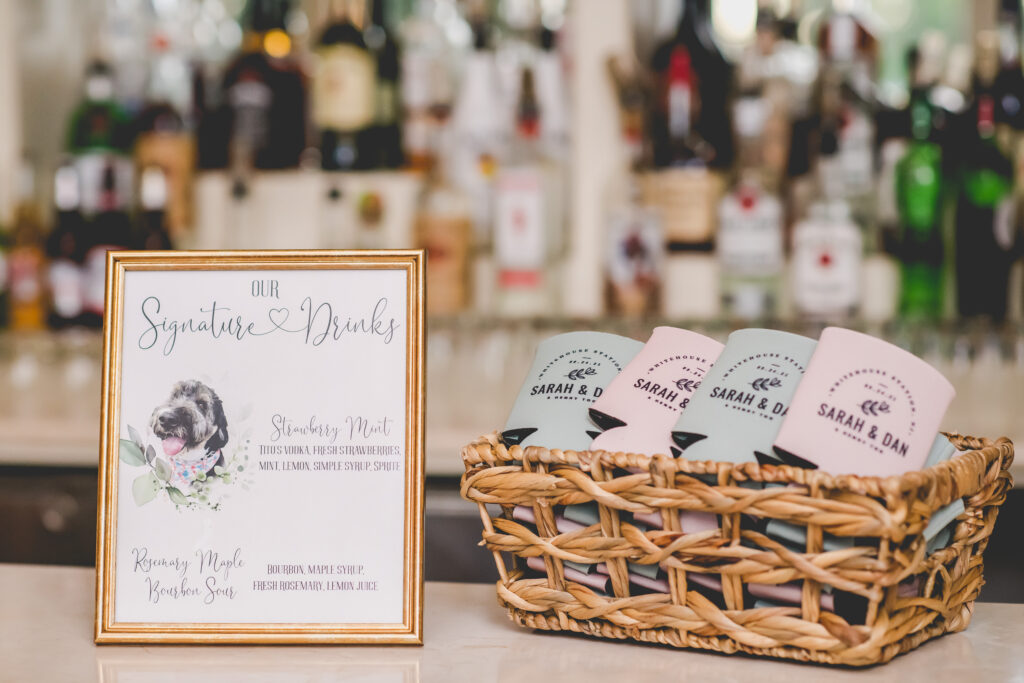 Signature drink signage for wedding featuring a drawing of the couple's dog.