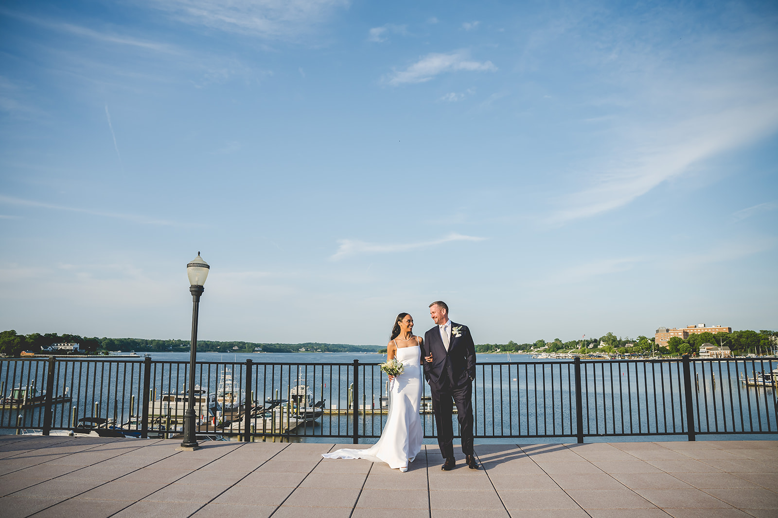 Bride and groom on the patio of the Molly Pitcher Inn