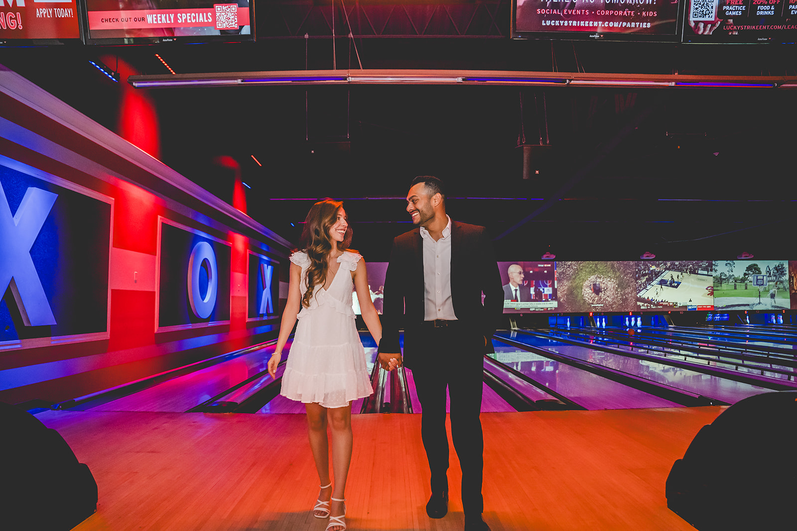 Lucky Strike bowling alley engagement session photos